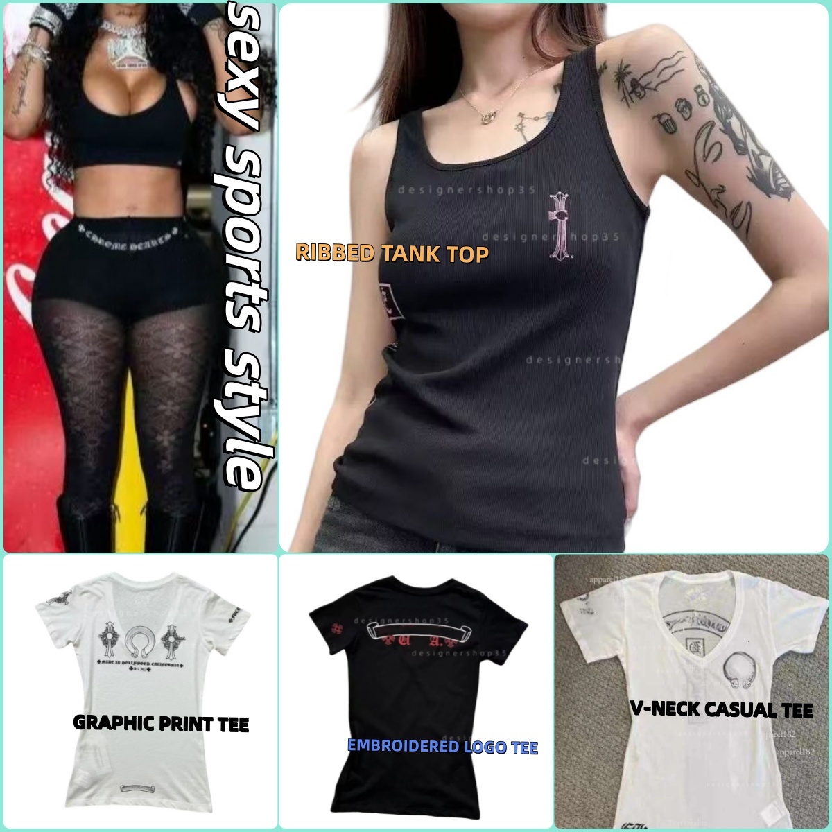 high quality chrometight pants brand pure cotton leggings hoodie Women's Printed Summer Sweatshirts T shirt Gradient Vests tight T-shirt shorts tight-fitting