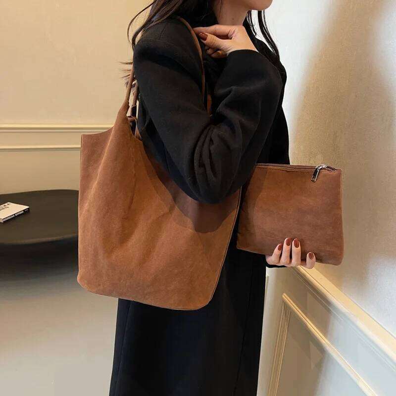 Retro Suede Tote Bag For Women Textured Solid Casual Commuting Shoulder Bags Autumn Winter Large Capacity Shopping Handbags Z260224