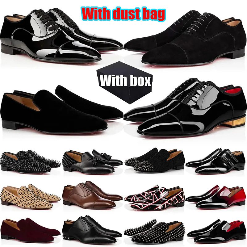 With box Designer Red BottomShoes Mens Dress Shoes Suede Leather Loafers Red Luxury Sneakers Black Patent Leather Studded Rivets Party Wedding Platoon Shoes