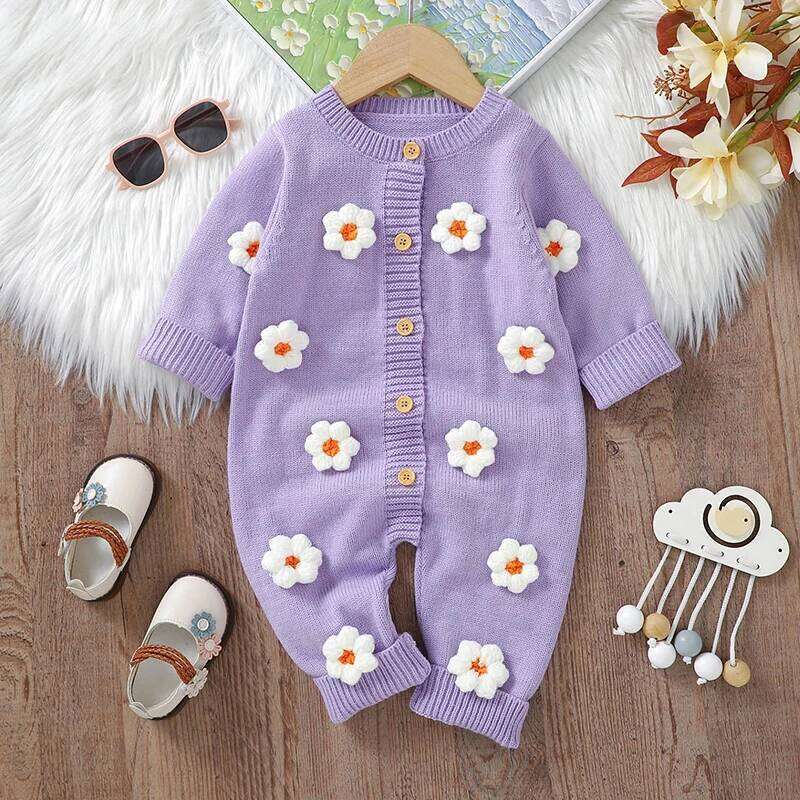 Sweet Floral Print Baby Girls Long Sleeve Rompers Fresh Babies Jumpsuit Knitted Acrylic Newborn One-piece Bodysuit Pullovers 26H0224