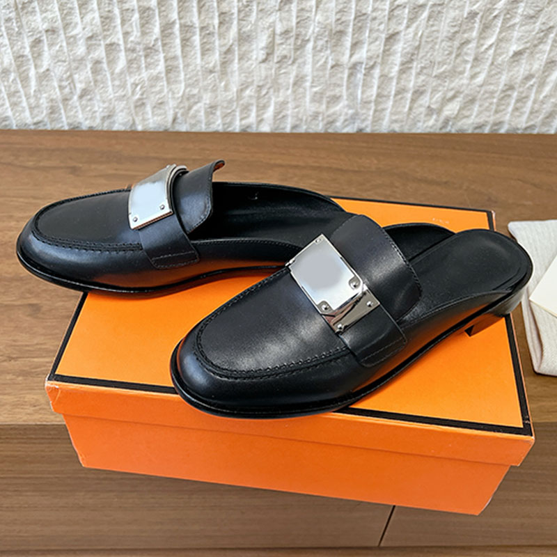 new oversized Iconic buckle Iota mule calfskin casual chic style womens Iota mules casual modern look Black leather sole Open back sandals slipper