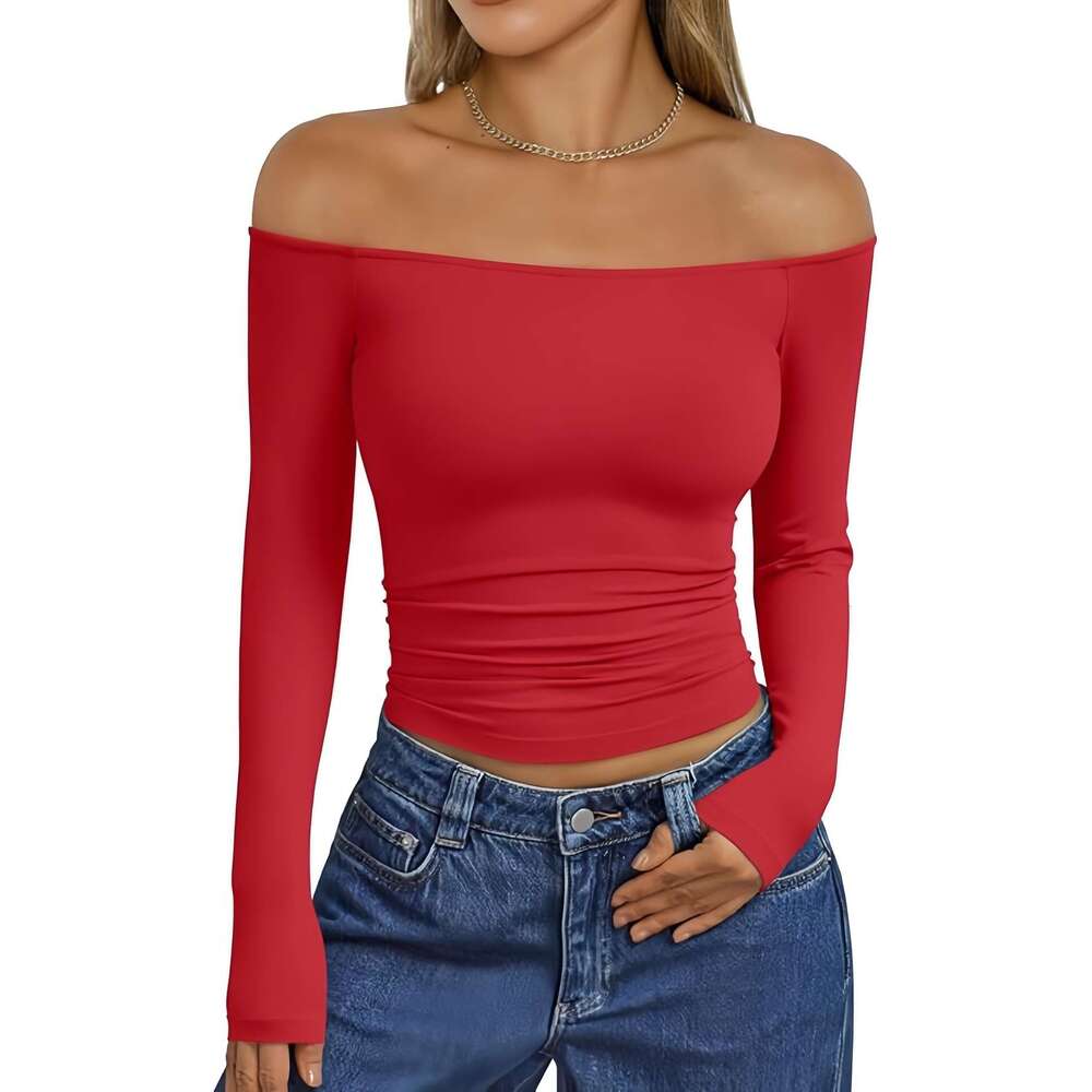 2026 European American cross-border new fashionable and sexy off-shoulder long-sleeve slim-fit T-shirt, versatile women's clothing