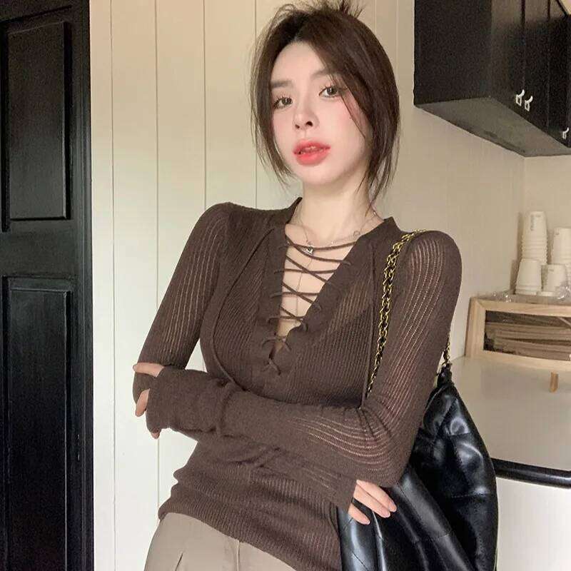 Women Lace-up Ribbed Knit Top Long Sleeve Crop Sweater Criss-cross V-Neck Fitted Pullover Teen-girl Sexy Club Fall Winter Outfit 26L0224