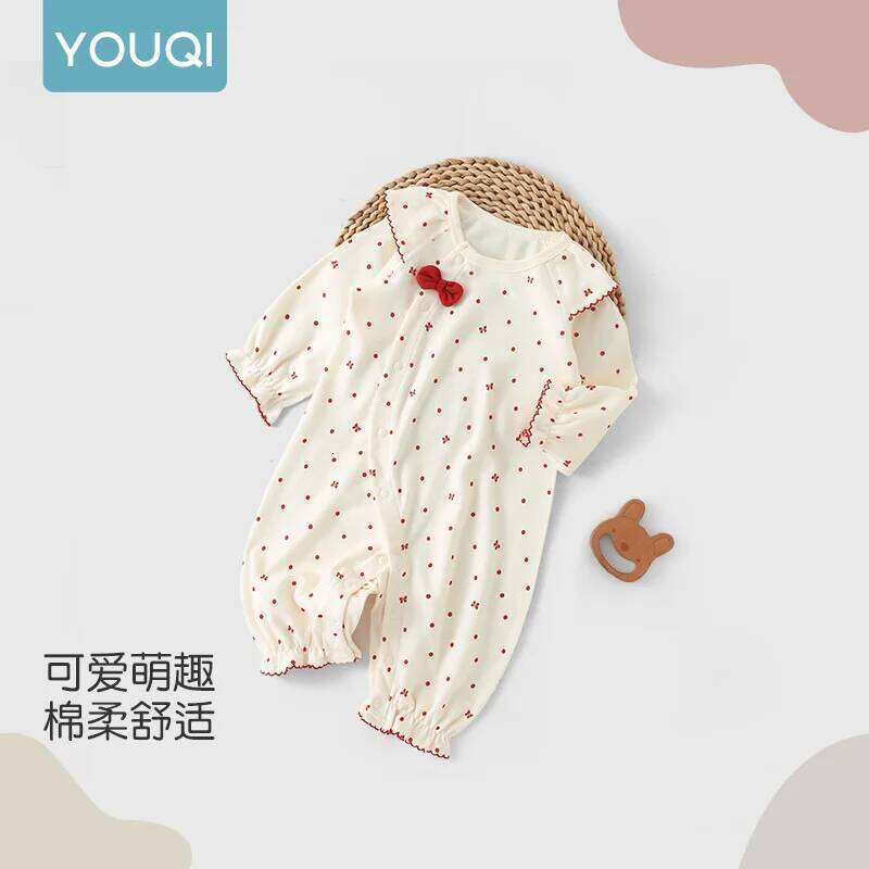 YouqiChinese Pure Cotton One-Piece Clothing, Autumn Romper for Baby Girls, Full-Month Outfit, Crawling Suit, Princess Style 26H0224