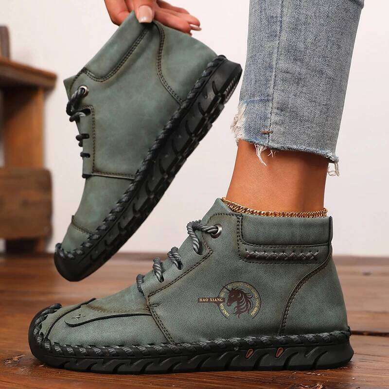 Hot Sale Women's Ankle Suede Leather Handmade Flat Shoes 2025 New Fashionable Lace-Up Boots Comfortable Walking Sneakers