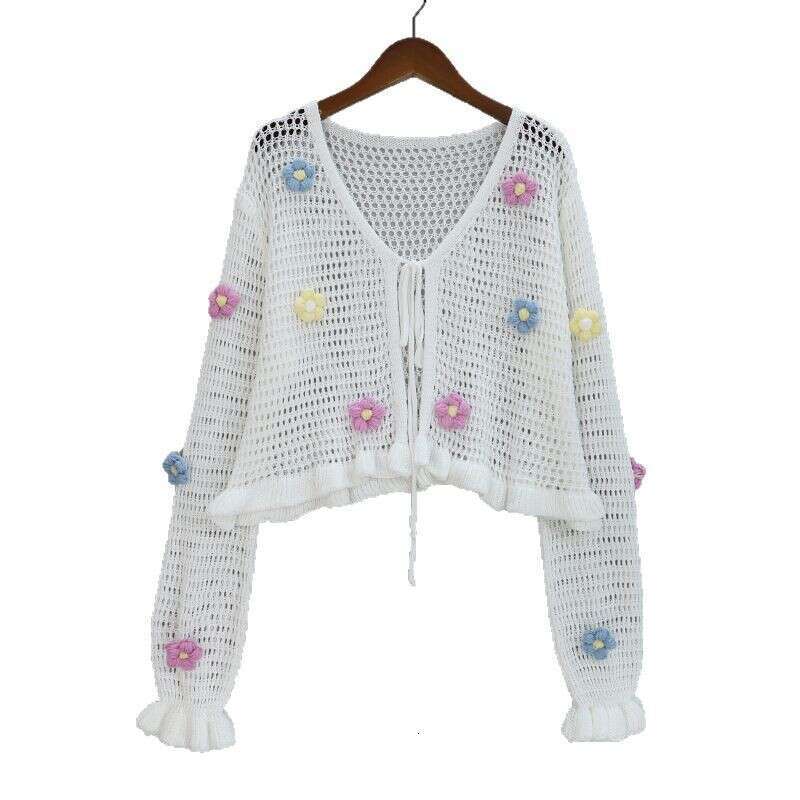 Spring/Summer New Hollow V-Neck Long Sleeve Floral Crochet Knit Sweater Short Cardigan In Vintage Style