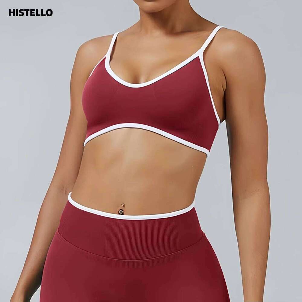 HISTELLO Gym Contrastline Women Seamless Pilates Yoga Clothing Fitness Open Bras Removable Pads Workout Sports Bra 26Y0224