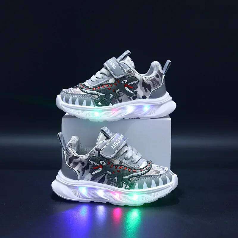 Spring New Sports Cartoon Dinosaur Children's LED Light Shoes Soft Sole Boys' Causal Sneakers 2-6 Years Old 26W0224