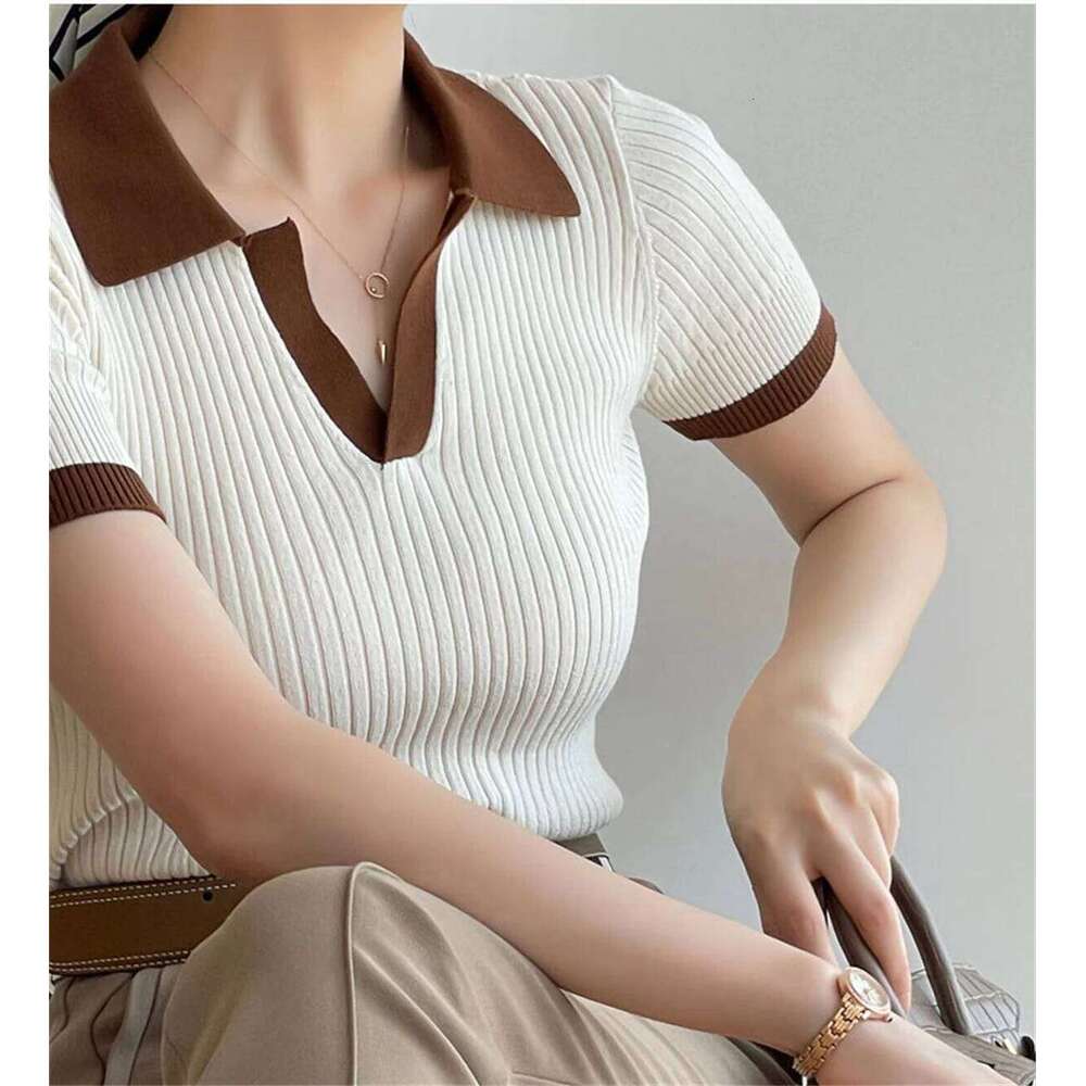 Women V Neck Knitted Tops Summer Autumn Elegant Short Sleeve Pullover Polo Shirts Slim Casual Clothes Office Lady Street Vintage 26W0224