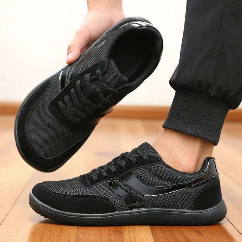 Breathable Sports Black Mesh Construction Wide Width Walking Shoes 2025 Comfortable Trendy Men's Sneakers
