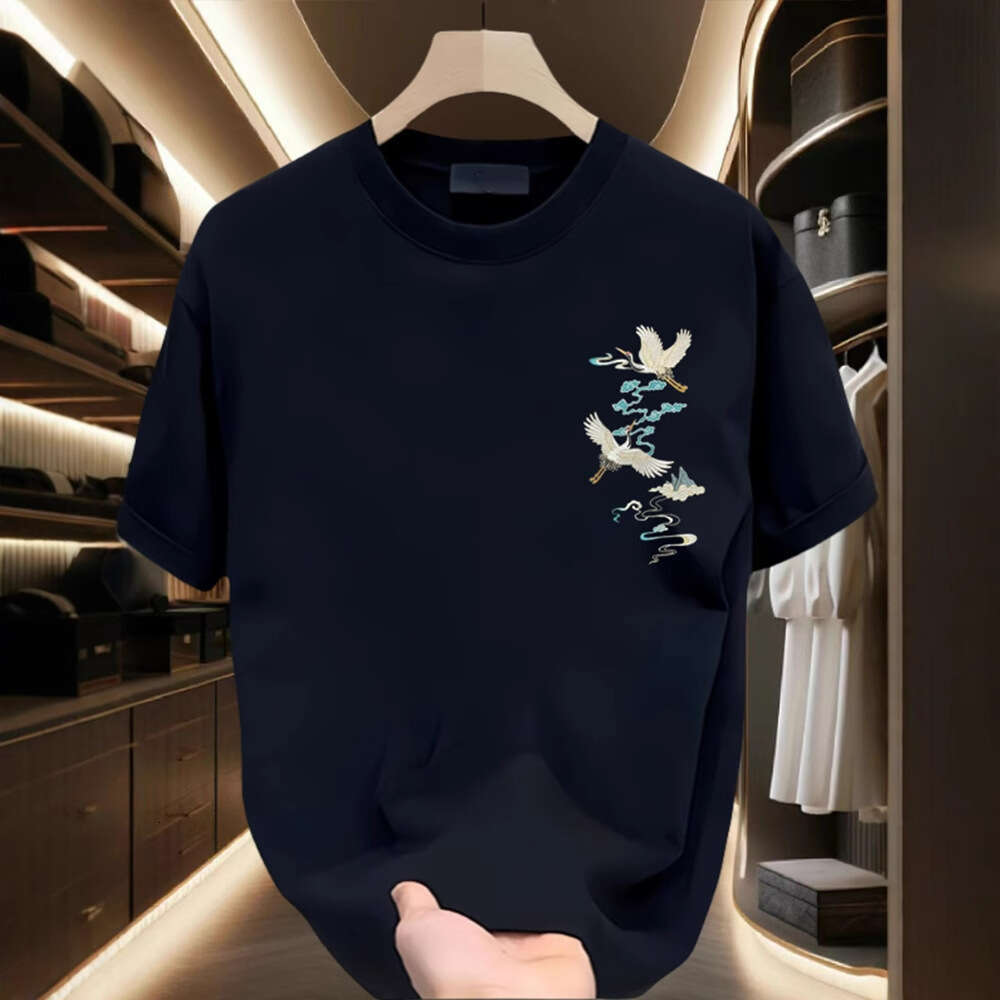 Men's T-shirt Chinese Style Double Crane Cloud Embroidered Loose Fit Exquisite Double Crane And Cloud Print On Back Breathable Comfortable Soft C