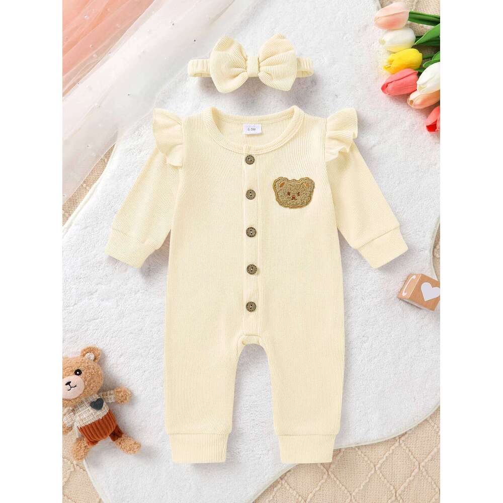 2PC Set Infant Girl Autumn Ruffle Long Sleeve Cute Bear Motif Ribbed Romper and Headband 26H0224