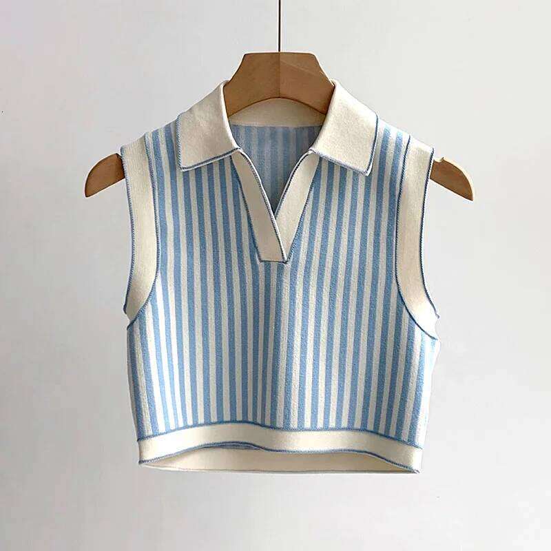 2024 Summer Knit T-shirt Tops Women Cropped Striped Sleeveless Polo Collar Vest Slim Fit Contrasting Tees Brand Clothing 26W0224