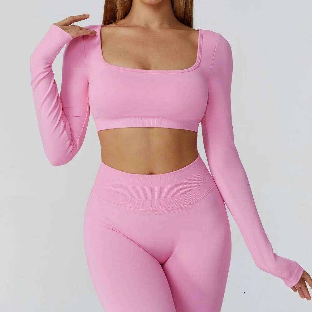 Seamless Casual Quick Dry Sportswear Square Neck Gym Women Fitness Sports Crop Top Female Long Sleeve Yoga Clothing 26Y0224