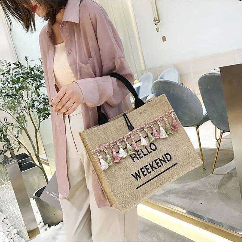 Canvas Handbag Women Large Capacity Tassel Shoulder Simple letter Top-handle Linen Lady Tote Shopping Weekend Bag Bolso Z260224