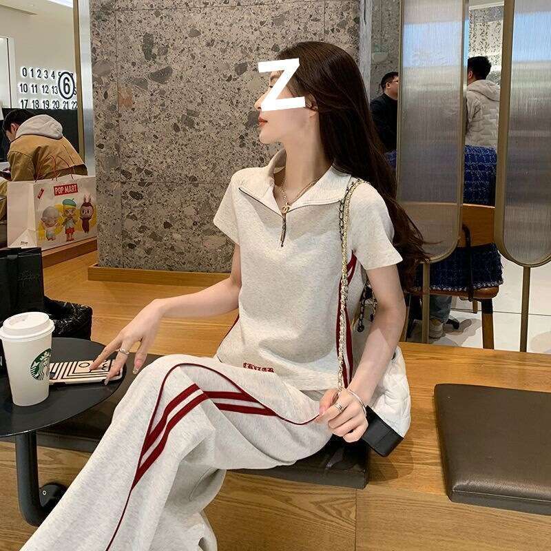 Fashion suit women's summer new Korean style polo collar top casual sports wide leg pants two-piece set new in matching sets