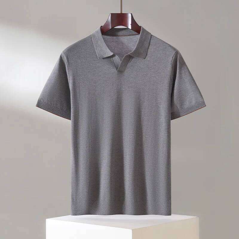 Men's 100% Lyocell Casual Solid Color Knitted Pullover T-Shirt Short Sleeve Loose POLO Collar Top Pull on Vest 26W0224
