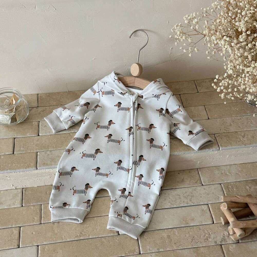 Autumn New Cute and Comfortable Baby Sausage Dog Print Hooded Pants Crawling Unisex Boys Girls Clothes Newborn Items 26Y0224