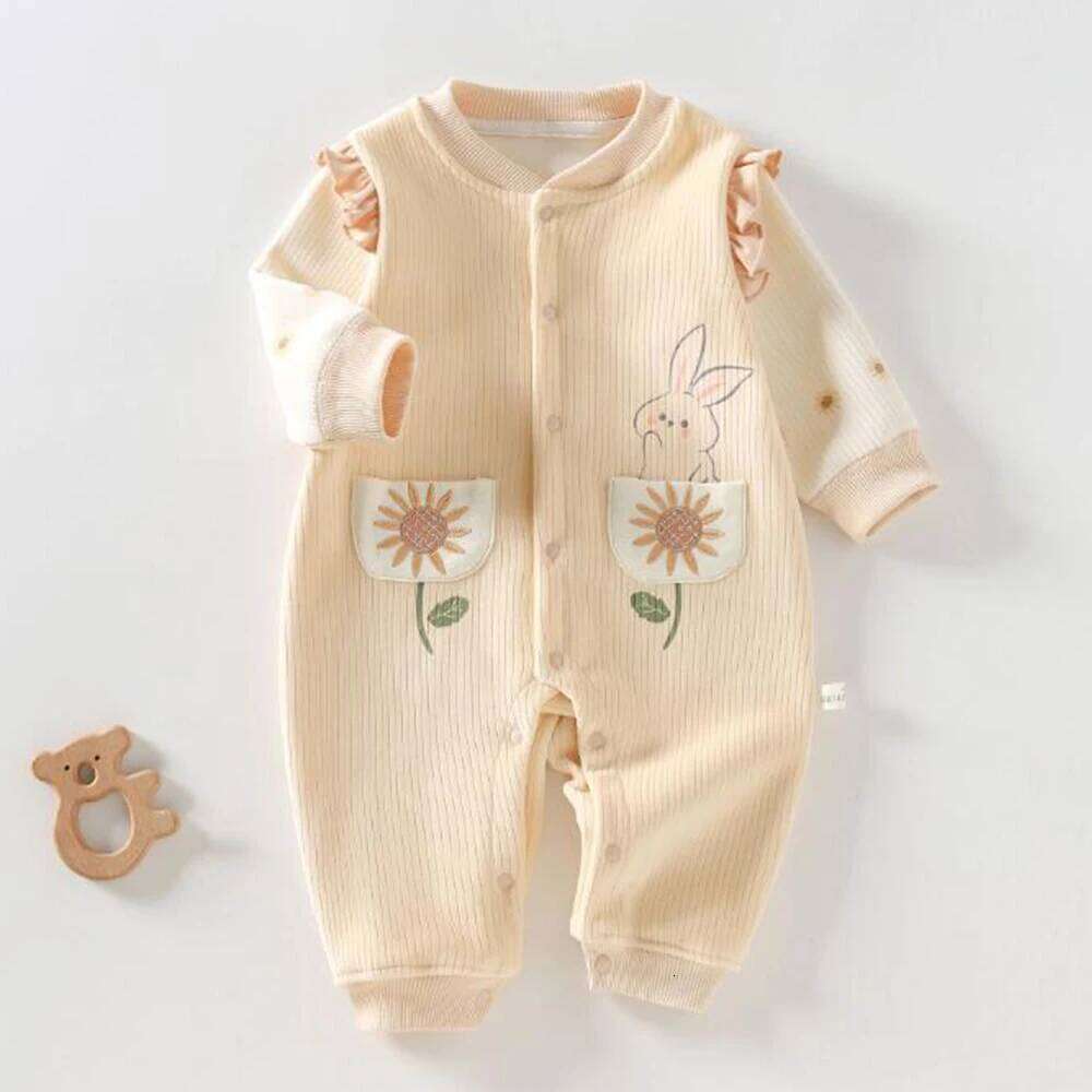 Girl Clothes Winter Autumn Baby Rompers Long Sleeve Floral Ruffles Patchwork Warm Infant Jumpsuits 3-18 Months 26Y0224