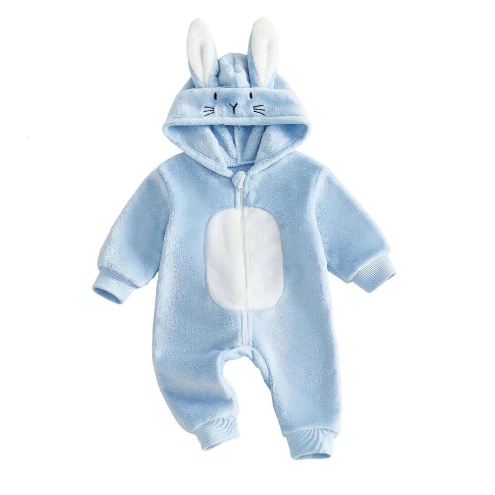 Infant Girl Boy Easter Rompers Long Sleeve Hooded Spring Full Zipper Fleece Rabbit Jumpsuit 26H0224