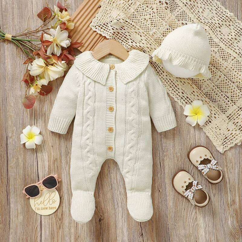 Winter Knit Baby Girls Rompers Beige Newborn Infant Long Sleeve Jumpsuits Hats Outfits 2pcs 0-9m Toddler Playsuits Child Clothes 26Y0224