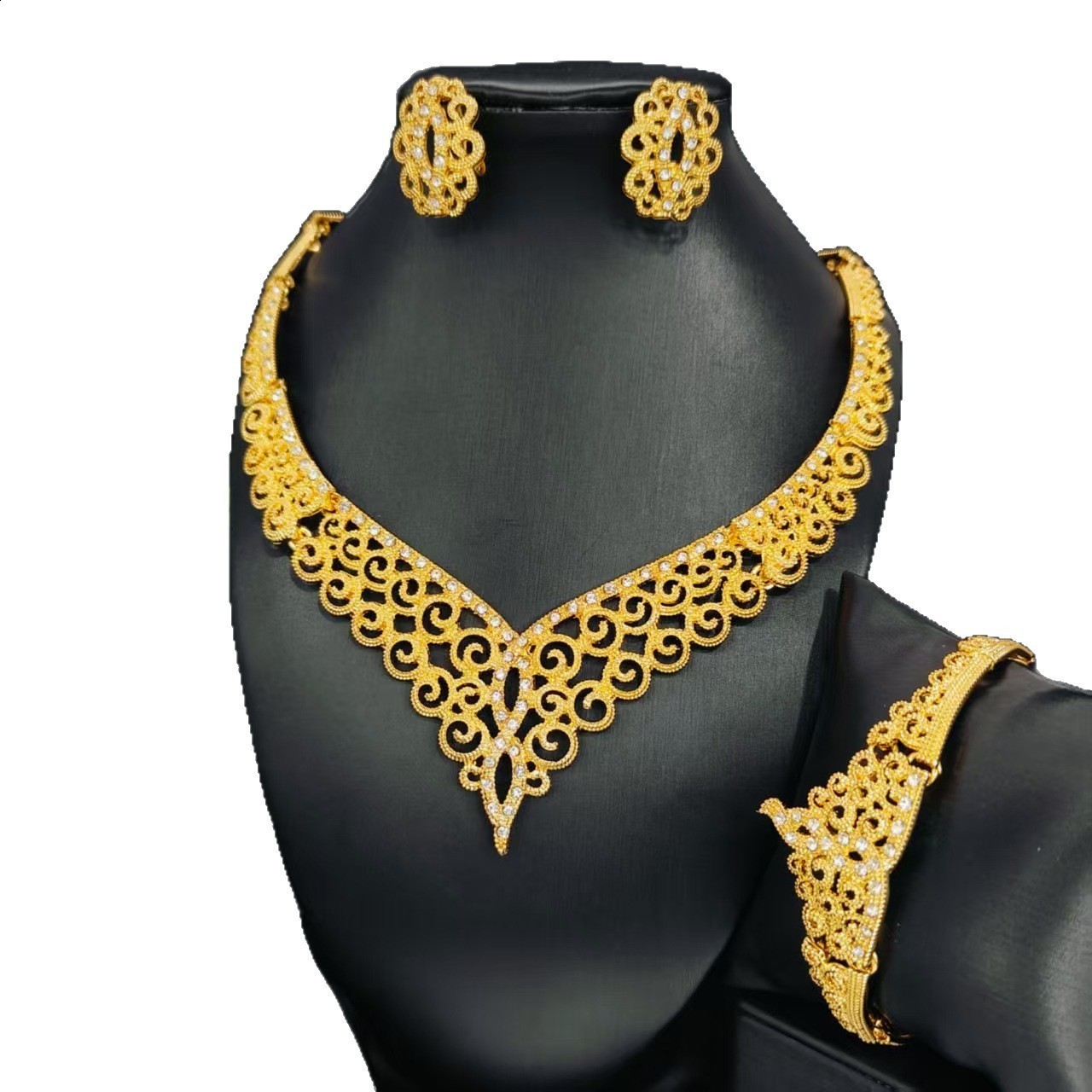 Dubai Fashion Zinc Alloy Jewelry Bridal Jewelry Set Necklace Bracelet Earrings Ring Four-Piece Set 250818