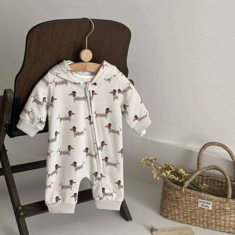 Autumn New Cute and Comfortable Baby Sausage Dog Print Hooded Pants Crawling Unisex Boys Girls Clothes Newborn Items 26Y0224