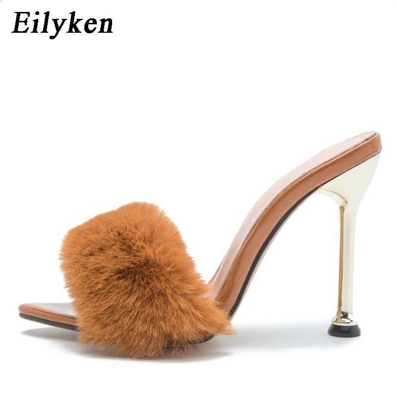Eilyken Summer Fashion n Fluffy Fur Pointed Toe Women Slippers Stiletto Heels Mules Slide Ladies Shoes 260124