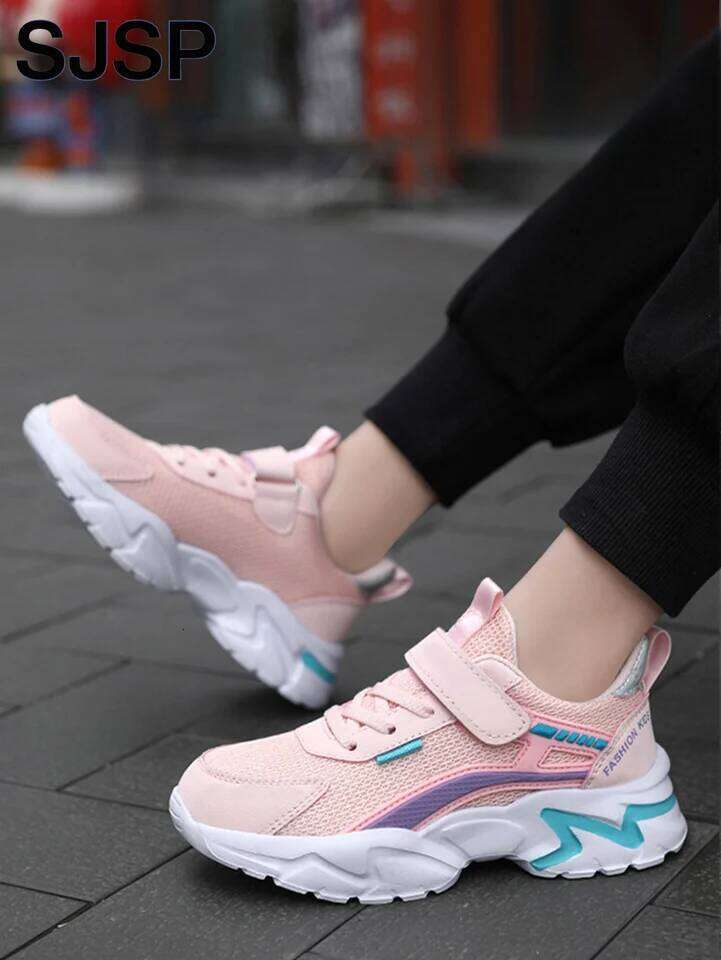 Children's Casual Pink Mesh Breathable Girls, Fashionable Lightweight Running Teenagers Aged 7-15, Student Kids' Sports Shoes for Gi 26W0224