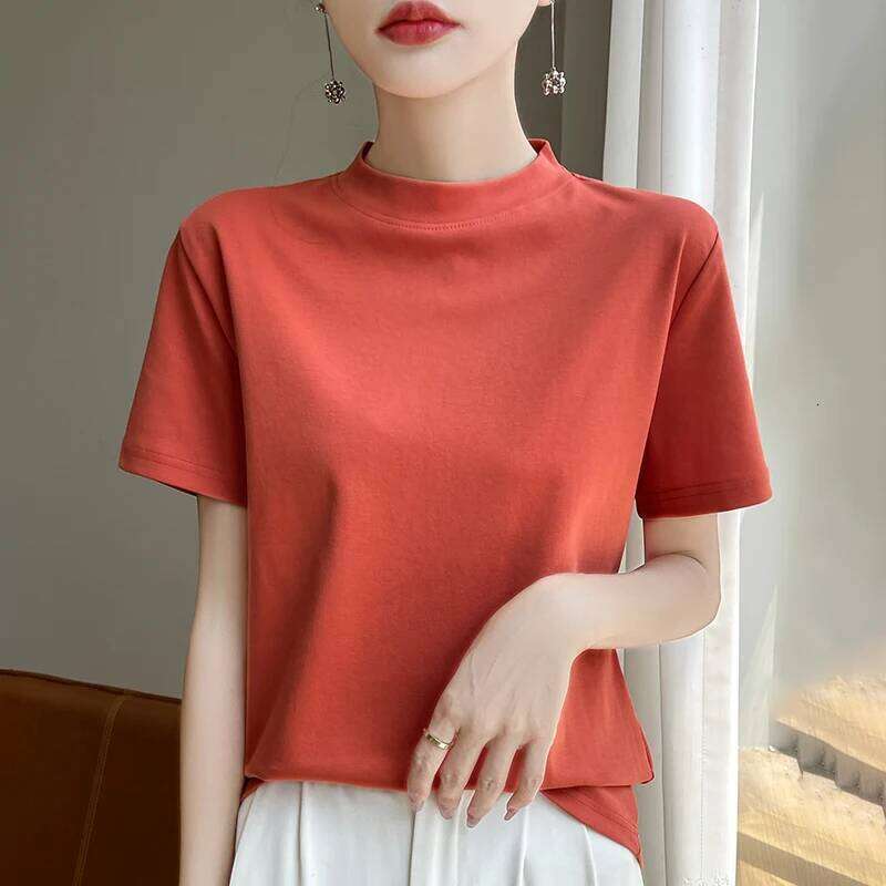 Spring and Autumn New Semi-high-necked Cotton Short-sleeved Women's Stand-up T-shirt Joker Loose Sleeve Top Slim Bottom 26Y0224