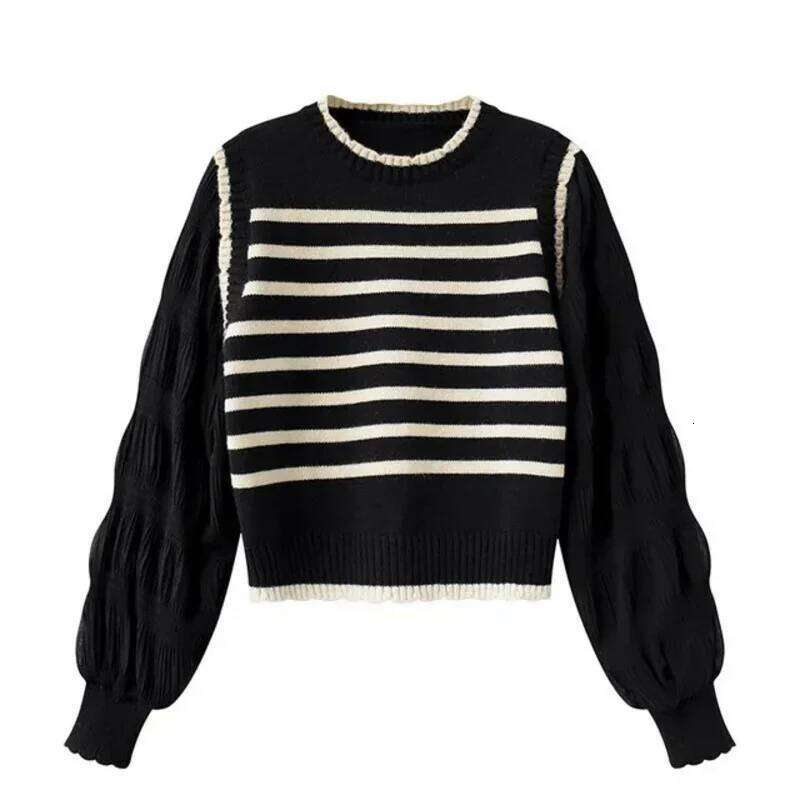 women Black white striped fake two-piece knitted sweaters pring and autumn Korean soft glutinous pullover sweater female 26L0224