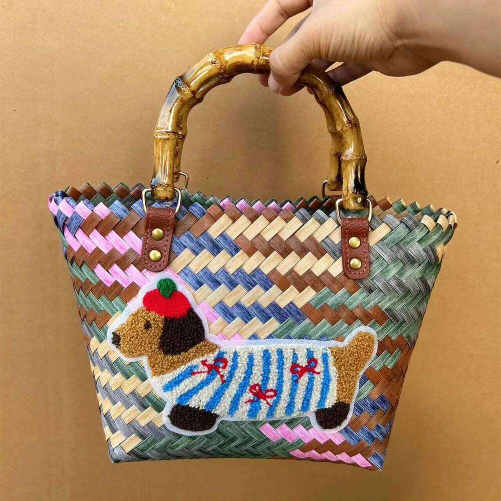 Retro Striped Dachshund Dog Woven Handbag Nylon Rope Pendant Tote Hand Women's Beach Bag Z260224