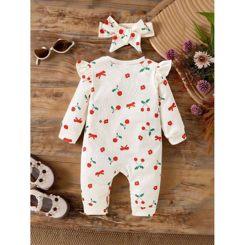 Cute Baby Girls Rompers Long Sleeve Outwear Newborn InfantPrint Cherry Jumpsuits Two Pieces Spring Autumn For 0-1Y 26H0224
