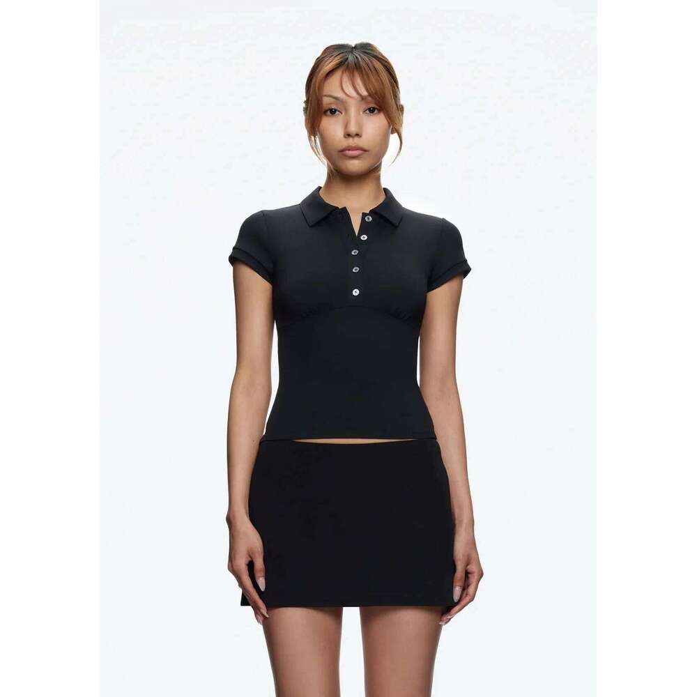 Tank Black Polo Collar T-Shirt, Slim Fit and Sexy Short-Sleeved Summer Women's Short Top 26W0224