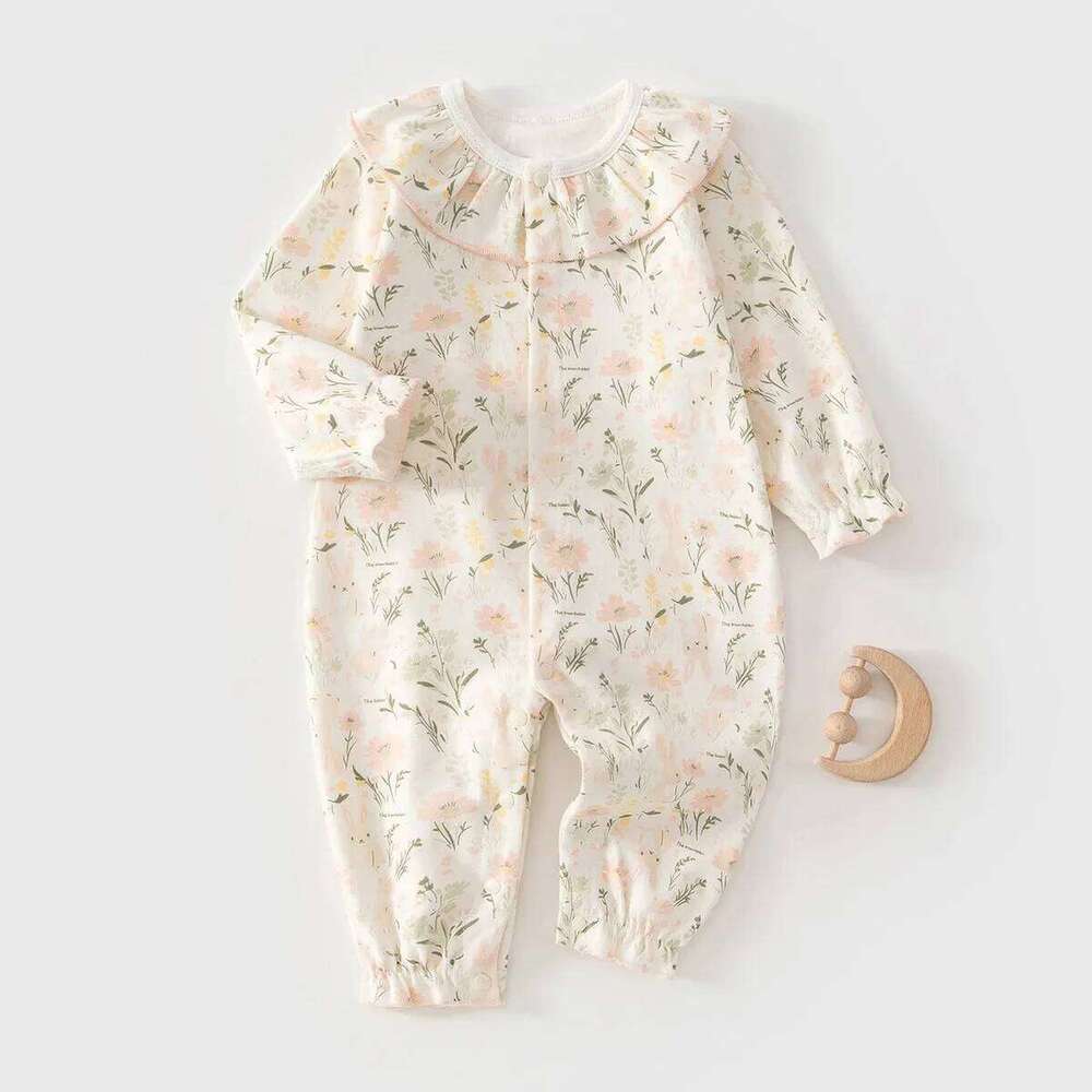 Spring Sleepwear Bodysuit 0-2Y Newborn Infant Girls Cotton Romper Baby Long Sleeve Ruffle Collar Floral Print One-Piece Jumpsuit 26H0224