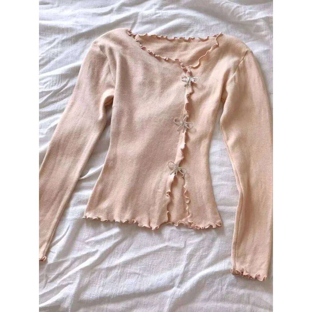 2026 Black/White Solid Lettuce Trim Bowknot Pullover Y2K Casual Long Sleeve Sweater For Spring & Fall Women's Clothing 26L0224