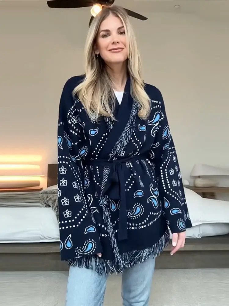 Printed Tassle Cardigan Women Outwear Solid Full Sleeve Tops Lace Up Jackets Loose Sweater Autumn Female Daily Casual Clothes 260126