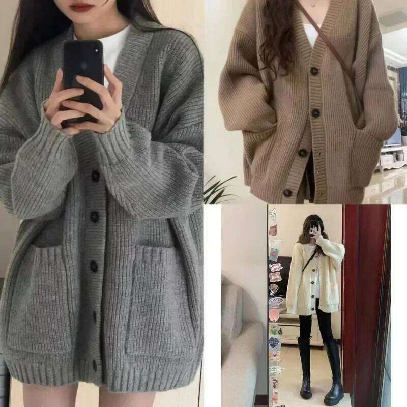 Mardi Hefxessdr Korean Collee Style Sinle Breasted Cardians Loose and Lazy V nec Bi Pocet Knitted Cardian Women s Popular Coat Sweater