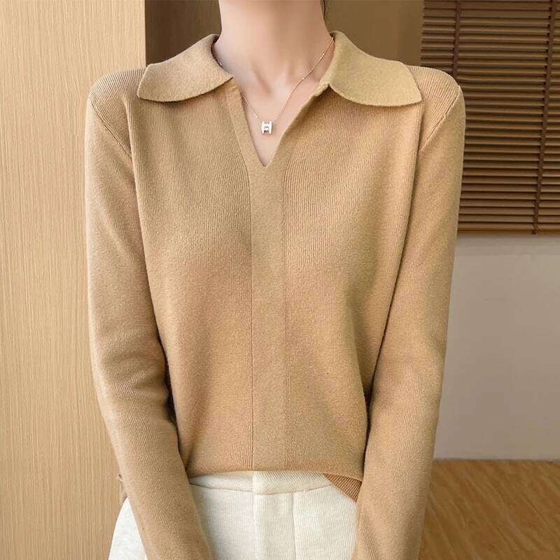 Spring Autumn Winter Women Fine Wool Sweater Polo Collar Solid Color Pullover Female Slim Knitwear Long Sleeve Basis Tops 26W0224