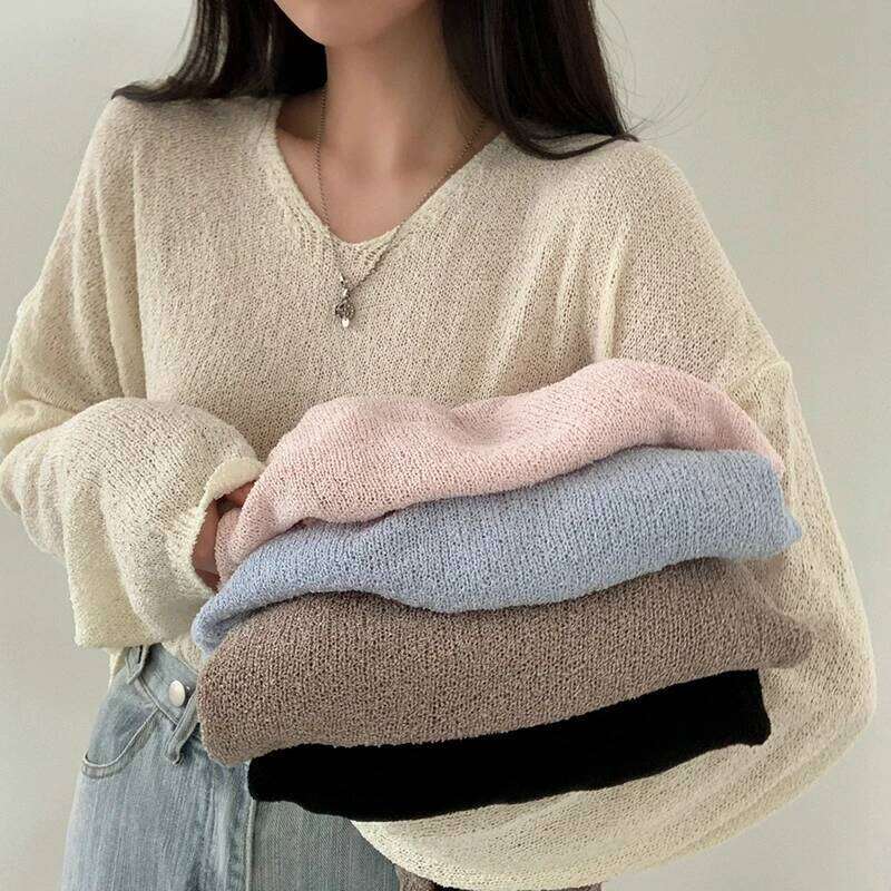 ITOOLIN Spring Long Sleeve Solid Casual Pullovers V-Neck Loose Knitted Sweaters For Women Streetwear Sweater 2025 26L0224