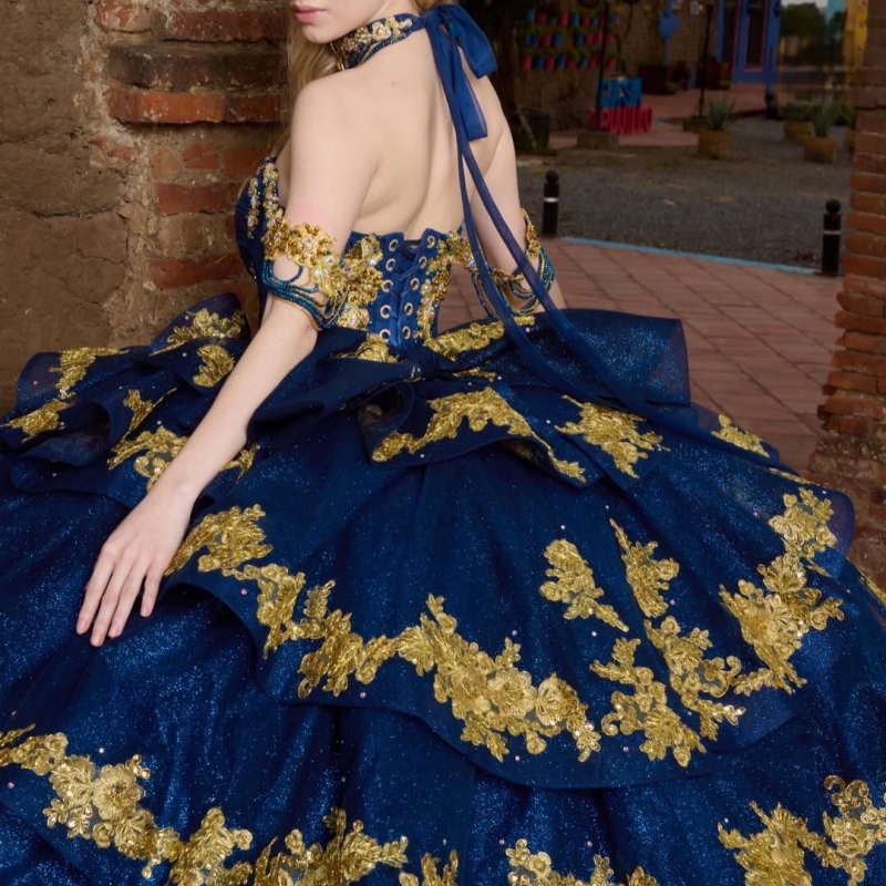 Navy Blue Shiny Quinceanera Dresses Ball Gown Off The Shoulder Gold Applique Lace Beading Crystal Bow Tull Party Birthday Sweet 16 Dress Vestidos 15 D