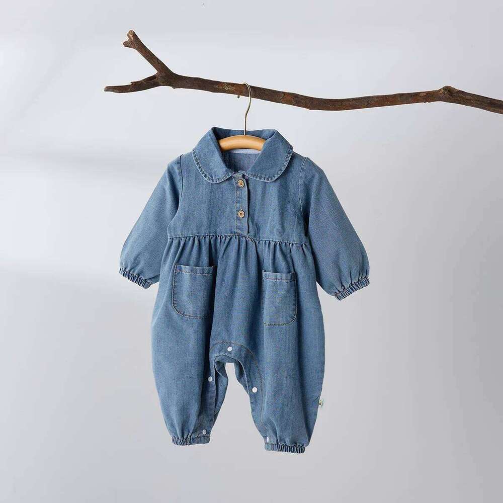 Spring boys and girls baby doll collar jumpsuit pocket casual denim jacket crawl suit 26Y0224