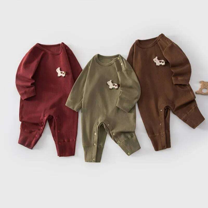 0-2Y Infant Girl Boy Jumpsuit Ribbed Knit 2026 Newborn Romper Spring Cute Patch Easy Snap Closure Soft Baby Clothes 26H0224