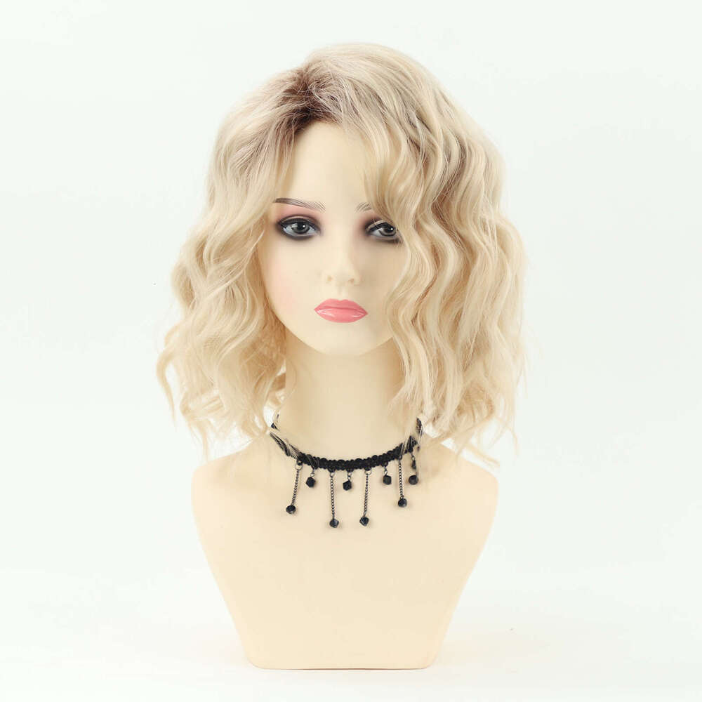 Cross-Border European And American Women's Short Curly Fashion Top Dyed Gradient Gold Side Part Synthetic Hair Wig SHXI
