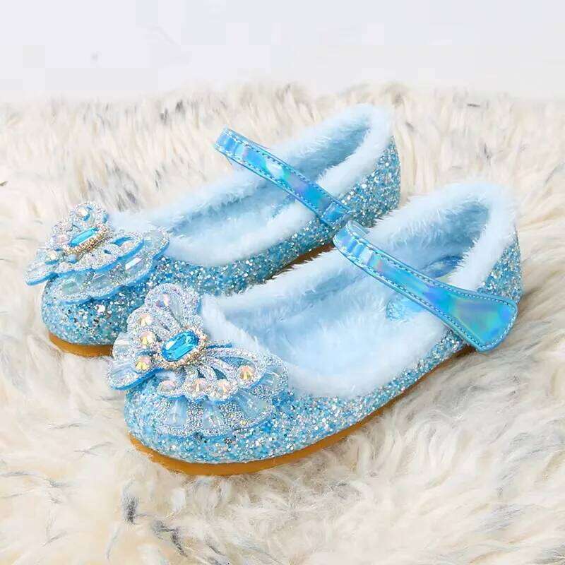 Autumn Fashion Pearl Bow Rhinestone Frozen Elsa Girl Flat Kids Princess Warm Winter Shoes Size 23-36 26W0224