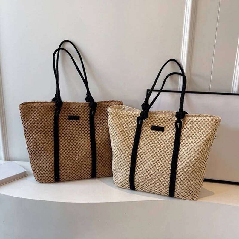 Summer Woven Tote Bag Casual Beach Vacation Women Shoulder Bags Large Capacity Female Handbags Solid Color Z260224