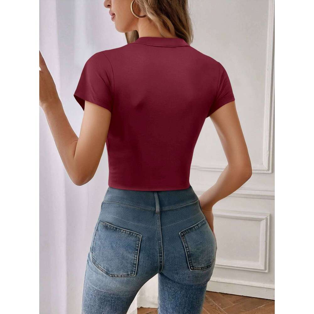 Women's Stretchy Fitted Crop Polo Shirt Short Sleeve V-Neck Collar Soft Blouse Casual Street Party Daily Wear Spring Summer 26W0224