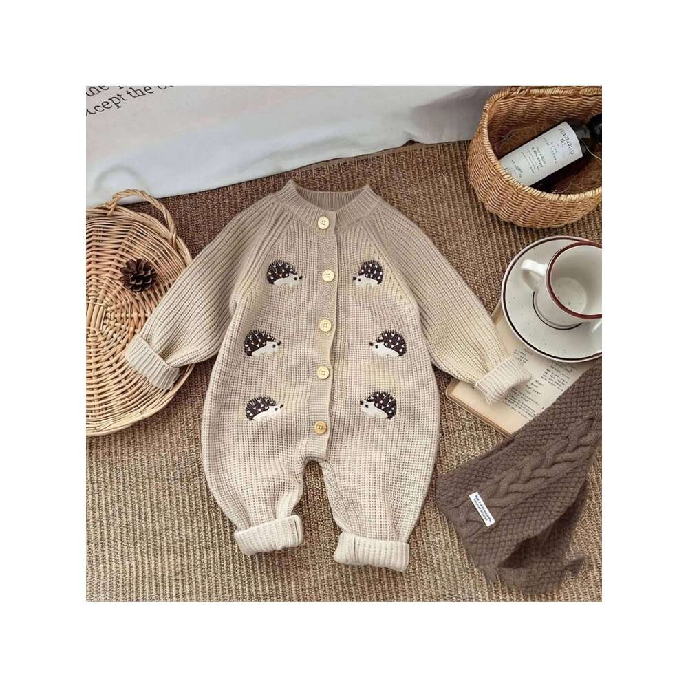 Korean Style Spring and Autumn Clothes Baby Jumpsuit Super Cute Little Hedgehog 100-Day Knitted Crawling Suit for Going Out 26Y0224