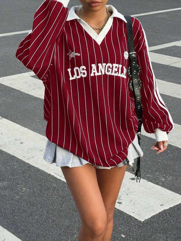 Women's Casual Striped Letter & Number Print Athletic Polo Collar Long Sleeve T-Shirt Drape Oversize Tops Streetweat Spring/Fall 26W0224