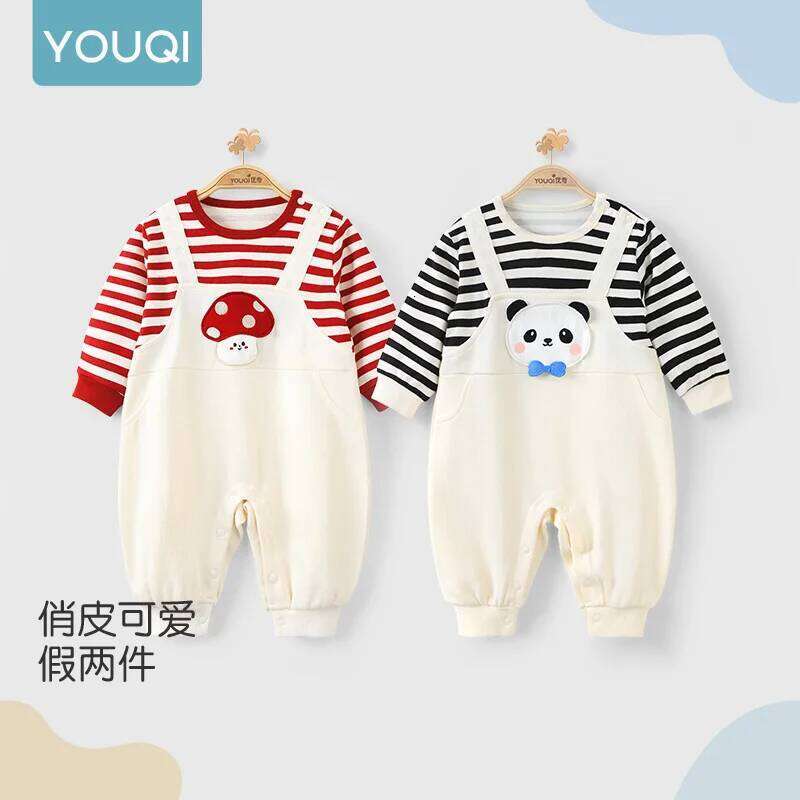 YouqiChinese Baby Clothes Autumn Style Long-Sleeve Romper Fake Two-Piece Suspender Jumpsuit Outdoor Wear Crawling Suit 26Y0224